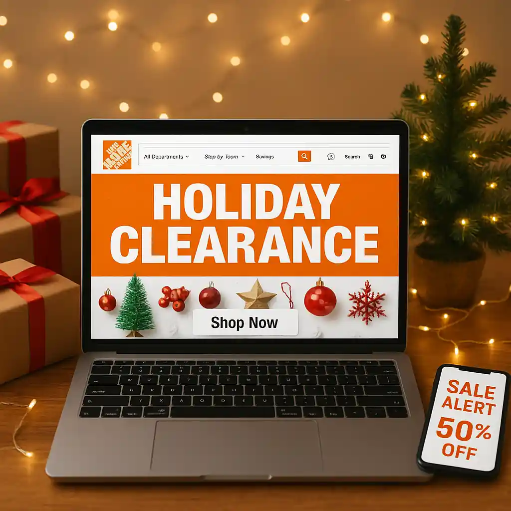 Laptop showing Home Depot Christmas clearance page with holiday decorations and price alert