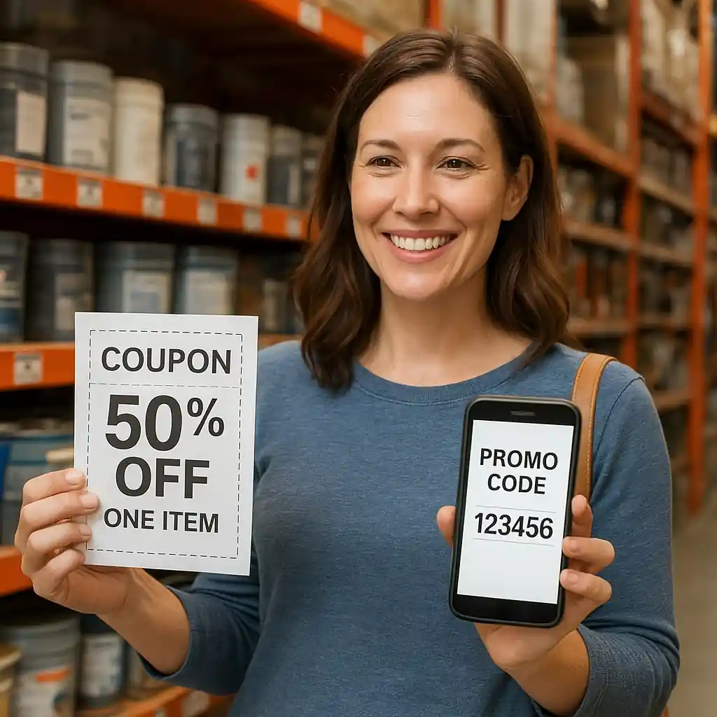 Shopper holding printed coupon and phone displaying a digital Home Depot promo code in a store aisle