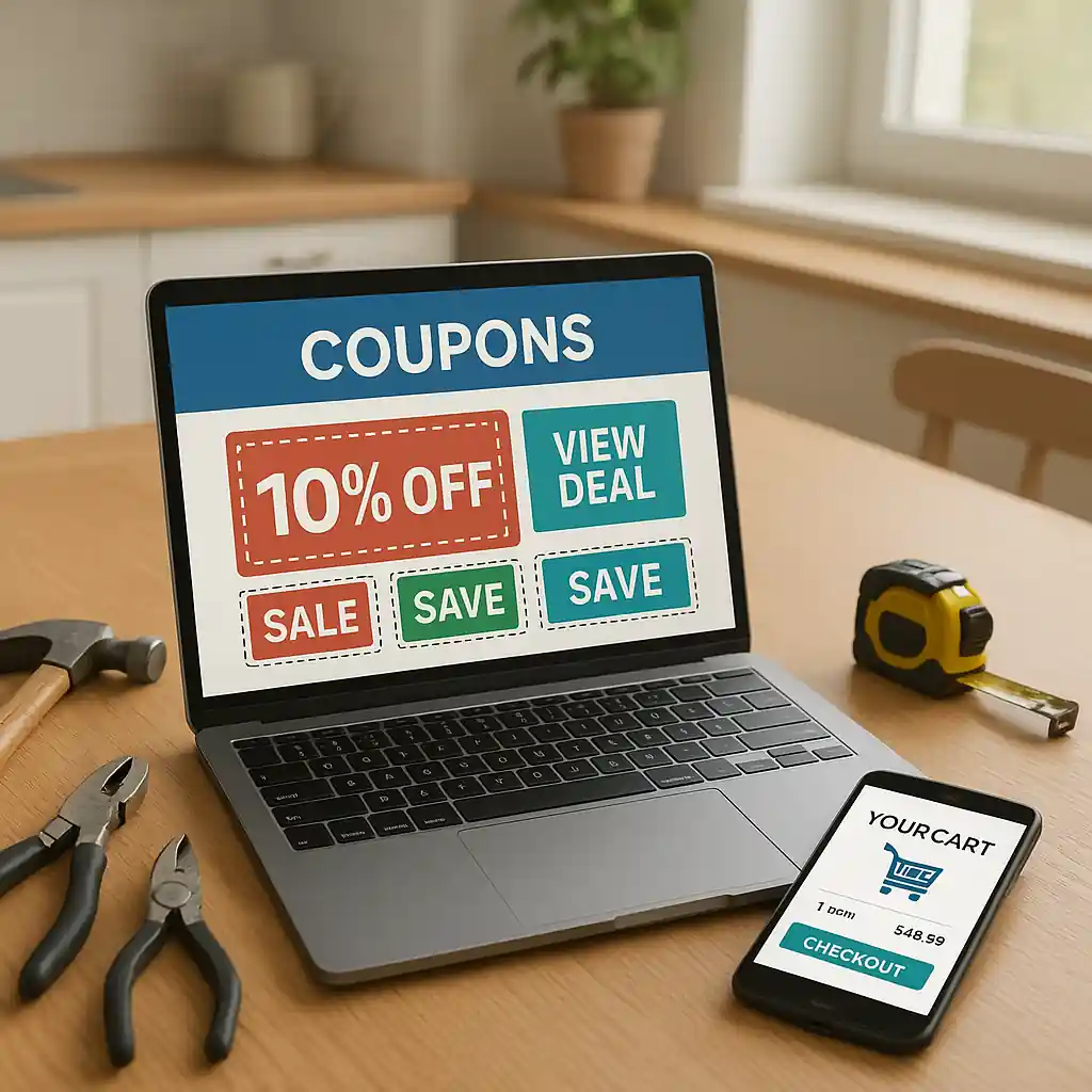 Shopper comparing lowes promo codes on laptop and smartphone at a kitchen table