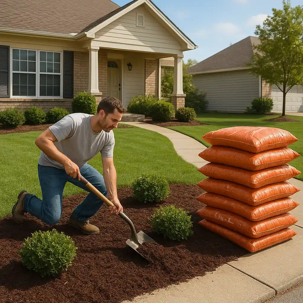 Homeowner spreading fresh mulch from stacked bags near shrubs