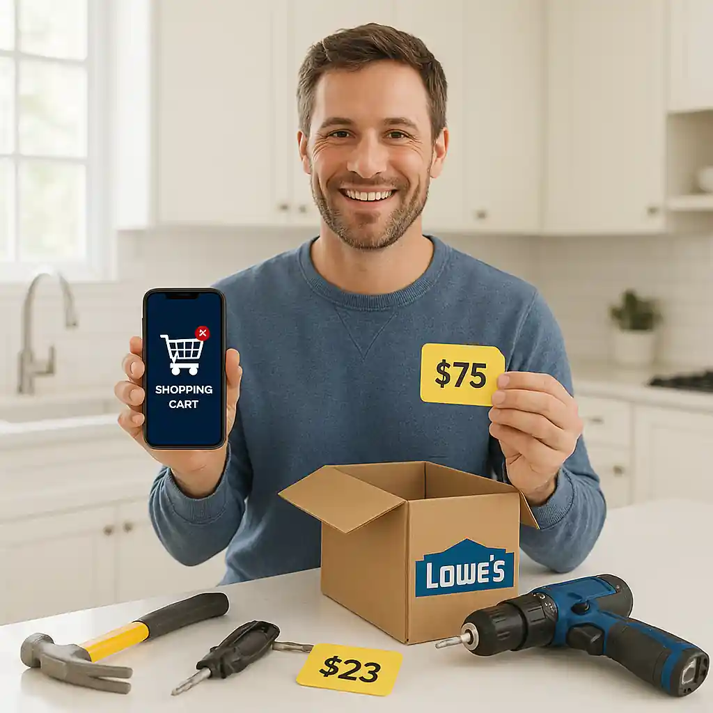 Homeowner checking lowes promo code 2026 on phone while planning a kitchen project