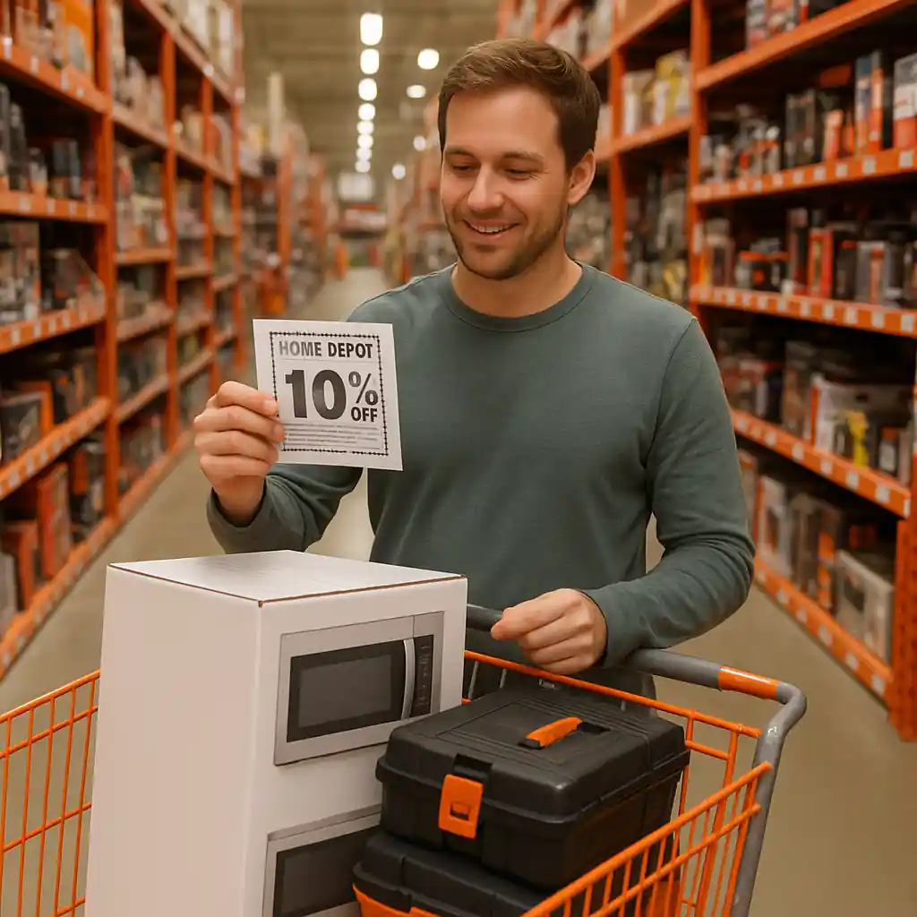 Shopper holding a Home Depot 10 off coupon beside a cart of appliances