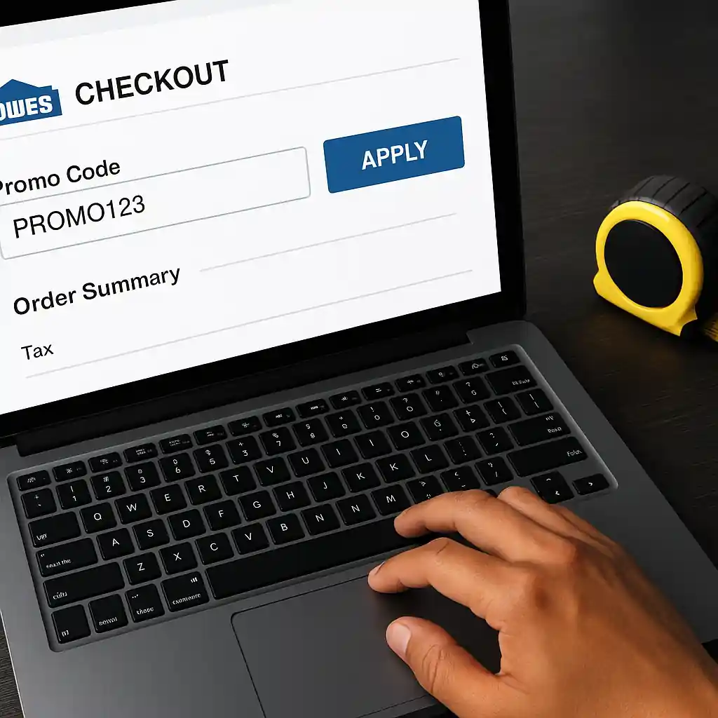 Person entering a lowes promo code 2026 into checkout on a laptop with receipt and measuring tape beside it