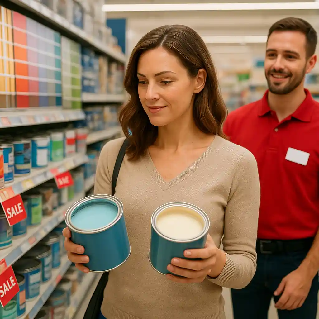 Shopper comparing paint cans near sale tags at a Home Depot paint aisle