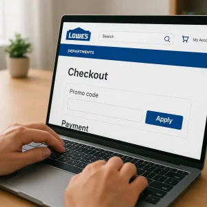 Shopper entering lowes promo code 2026 into Lowe's checkout field on a laptop