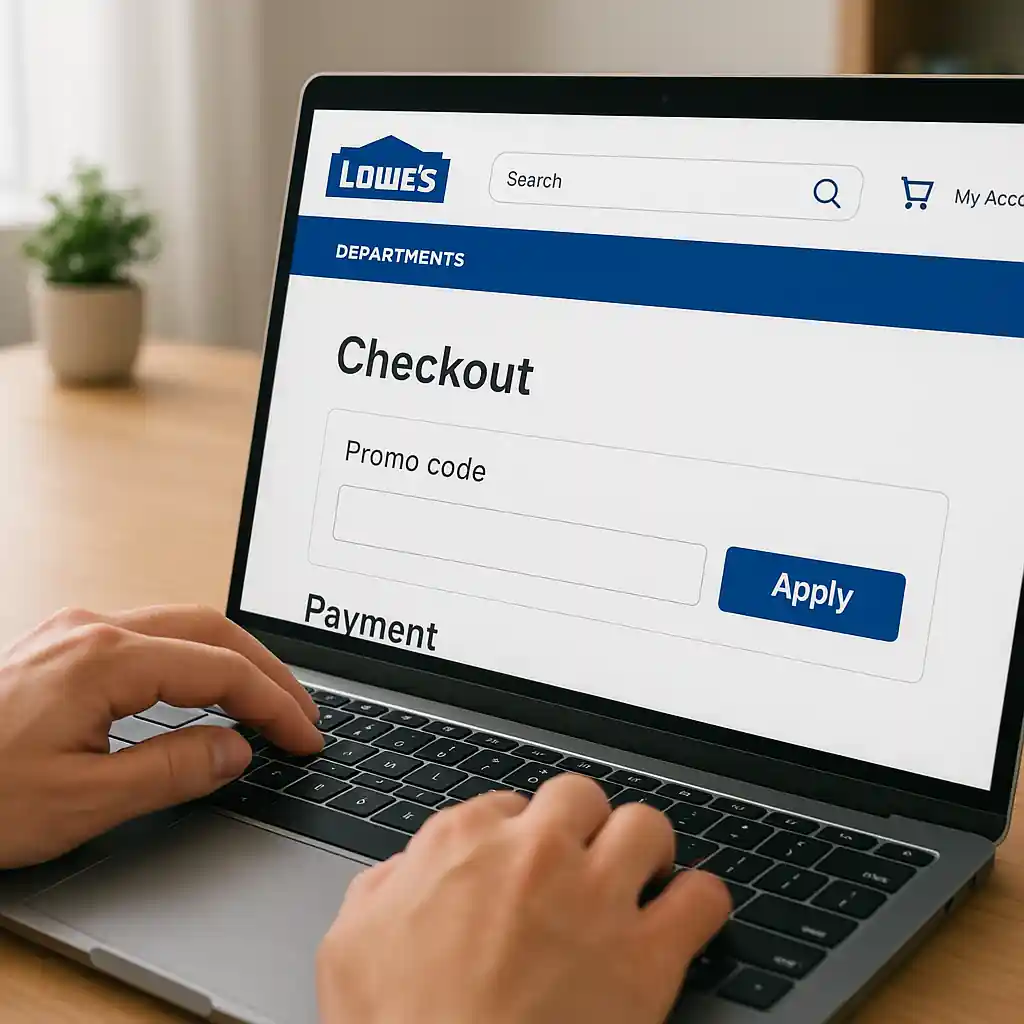 Shopper entering lowes promo code 2026 into Lowe's checkout field on a laptop