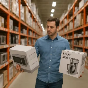 Shopper comparing boxed appliances in a home improvement store aisle