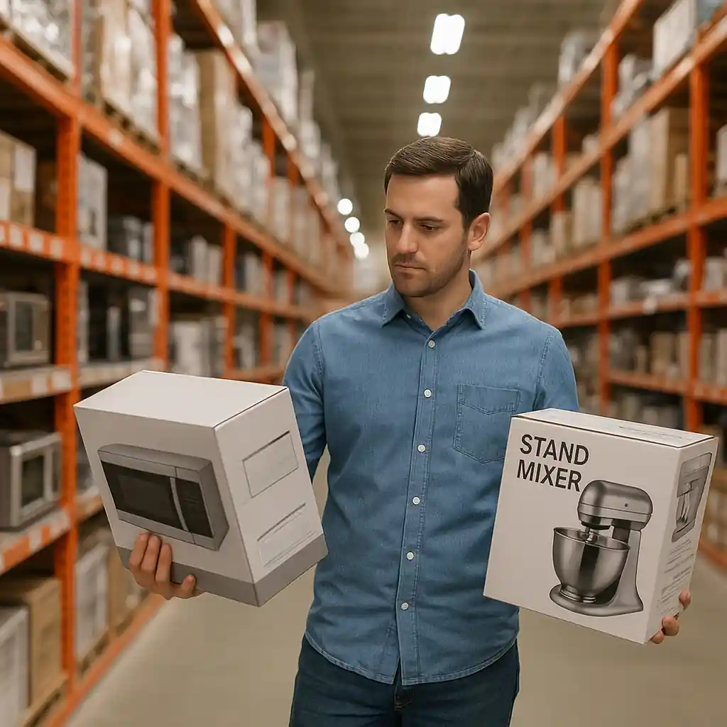 Shopper comparing boxed appliances in a home improvement store aisle