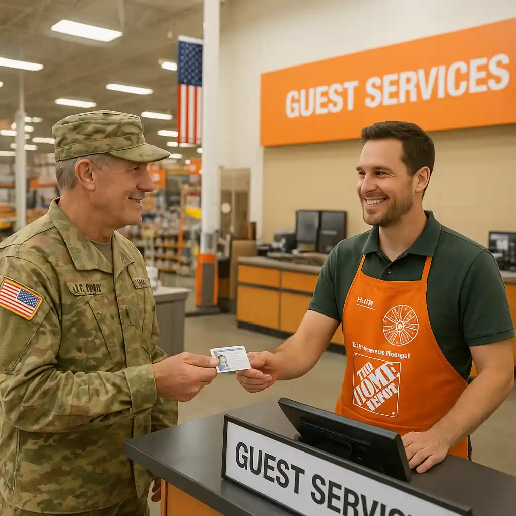 Veteran presenting ID at Home Depot guest services to confirm a veterans discount