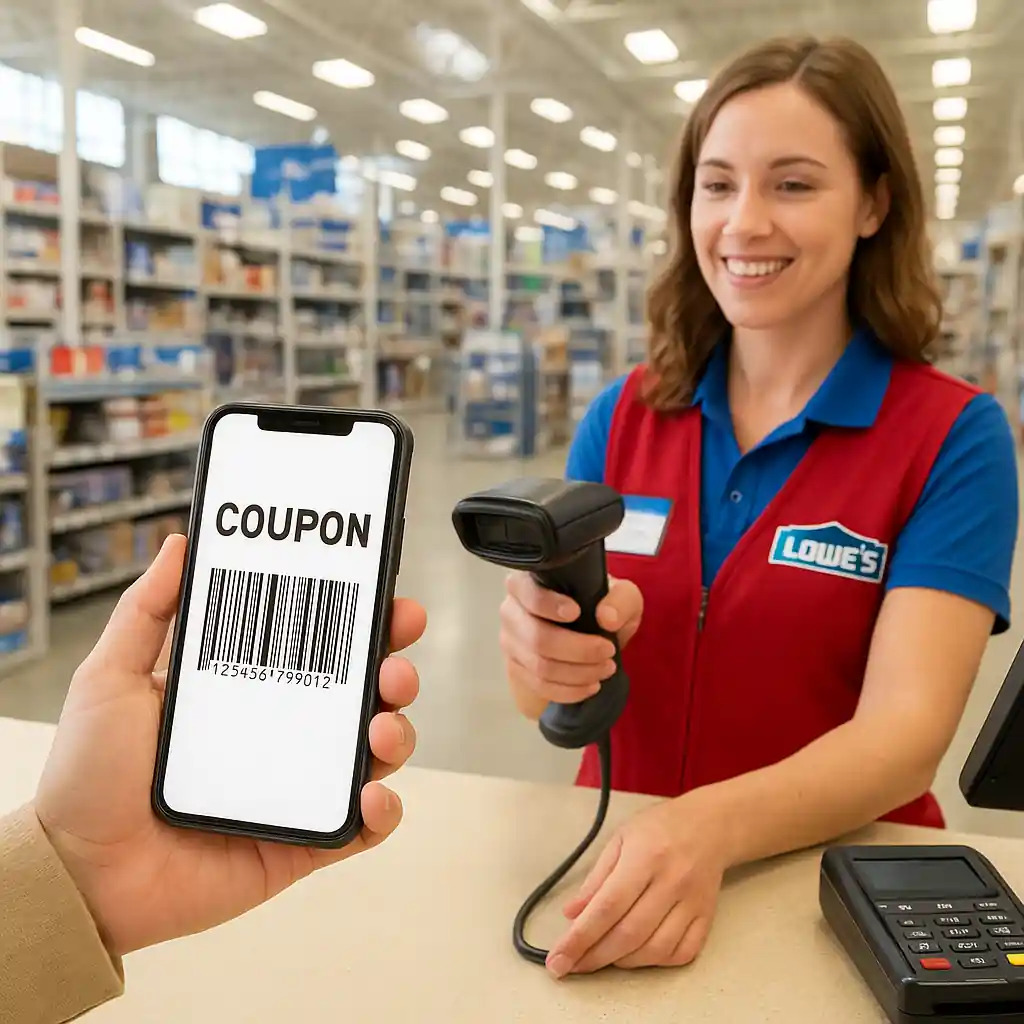 Shopper showing a mobile coupon barcode at a store checkout with cashier scanning
