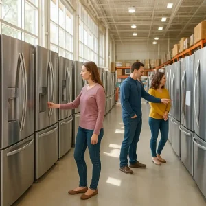 Shoppers comparing stainless steel refrigerators in a bright Lowe's-style appliance aisle
