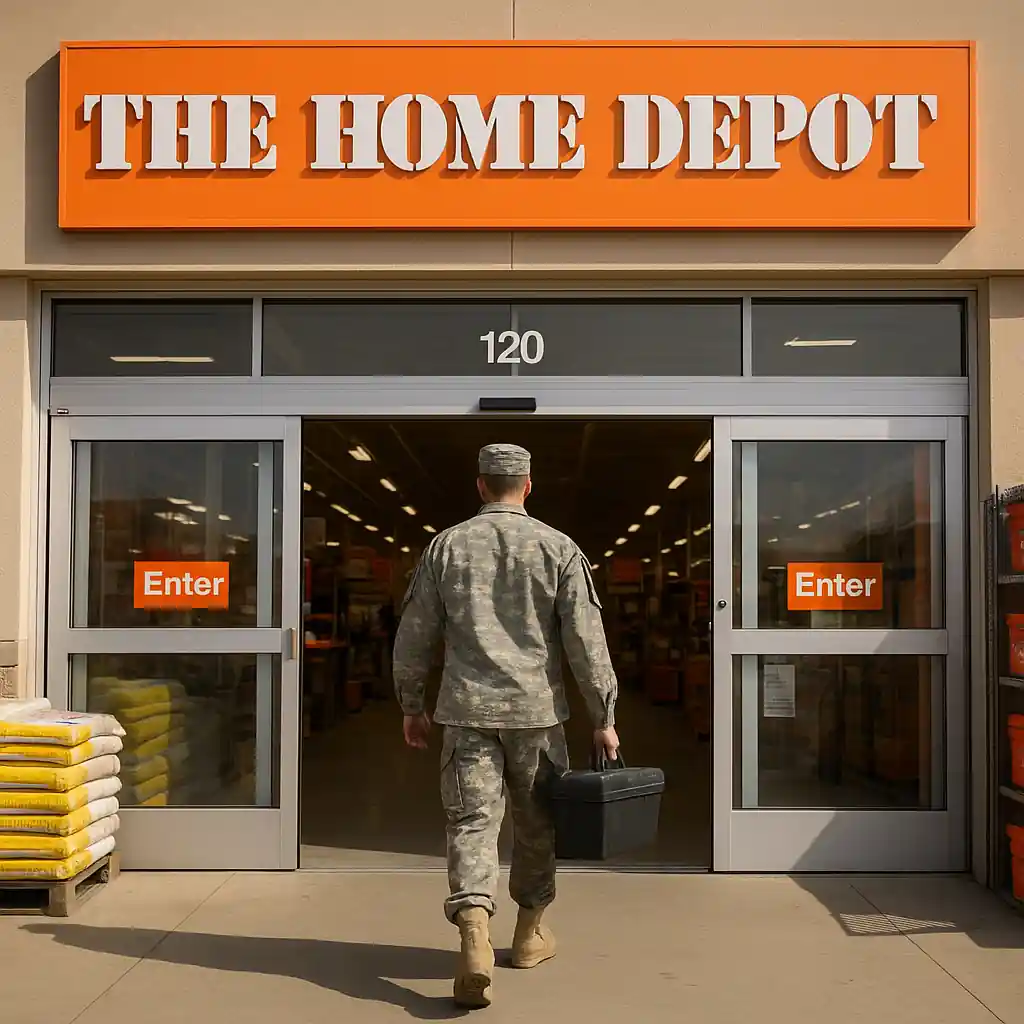 Service member entering a Home Depot store with a toolbox