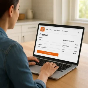 Person applying an online checkout promo code on Home Depot website displayed on a laptop