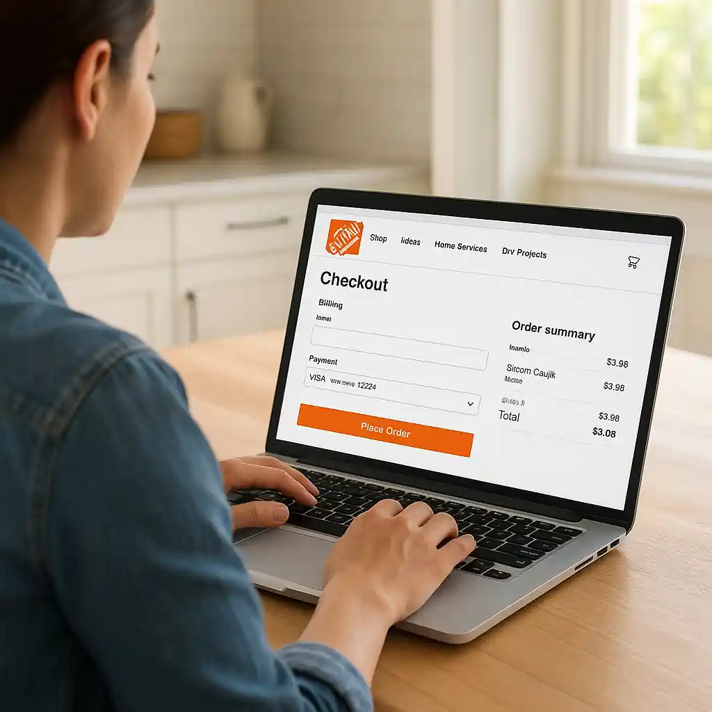 Person applying an online checkout promo code on Home Depot website displayed on a laptop