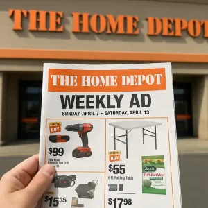 Customer reading a Home Depot ad's date header outside a store entrance