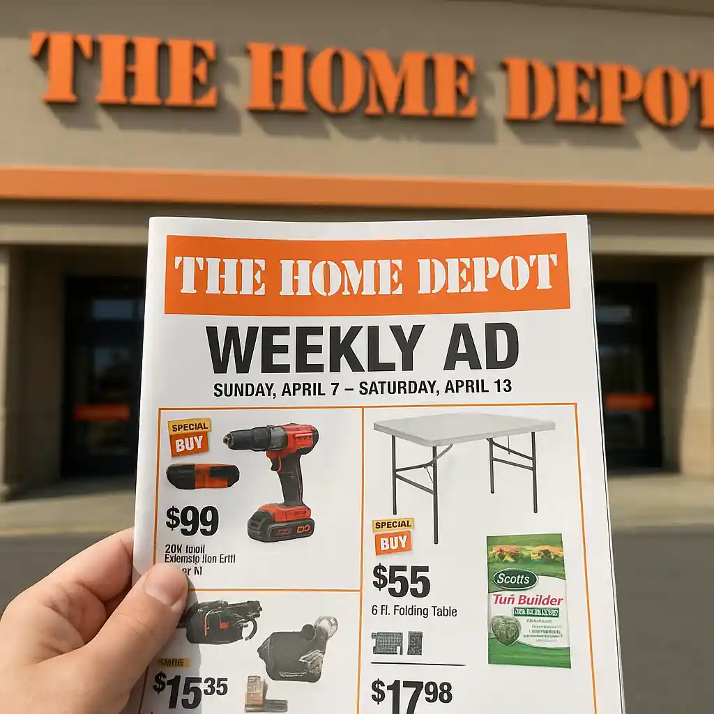 Customer reading a Home Depot ad's date header outside a store entrance