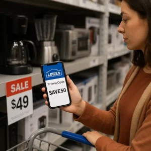 Shopper checking Lowe's promo code on phone beside sale-tagged appliances