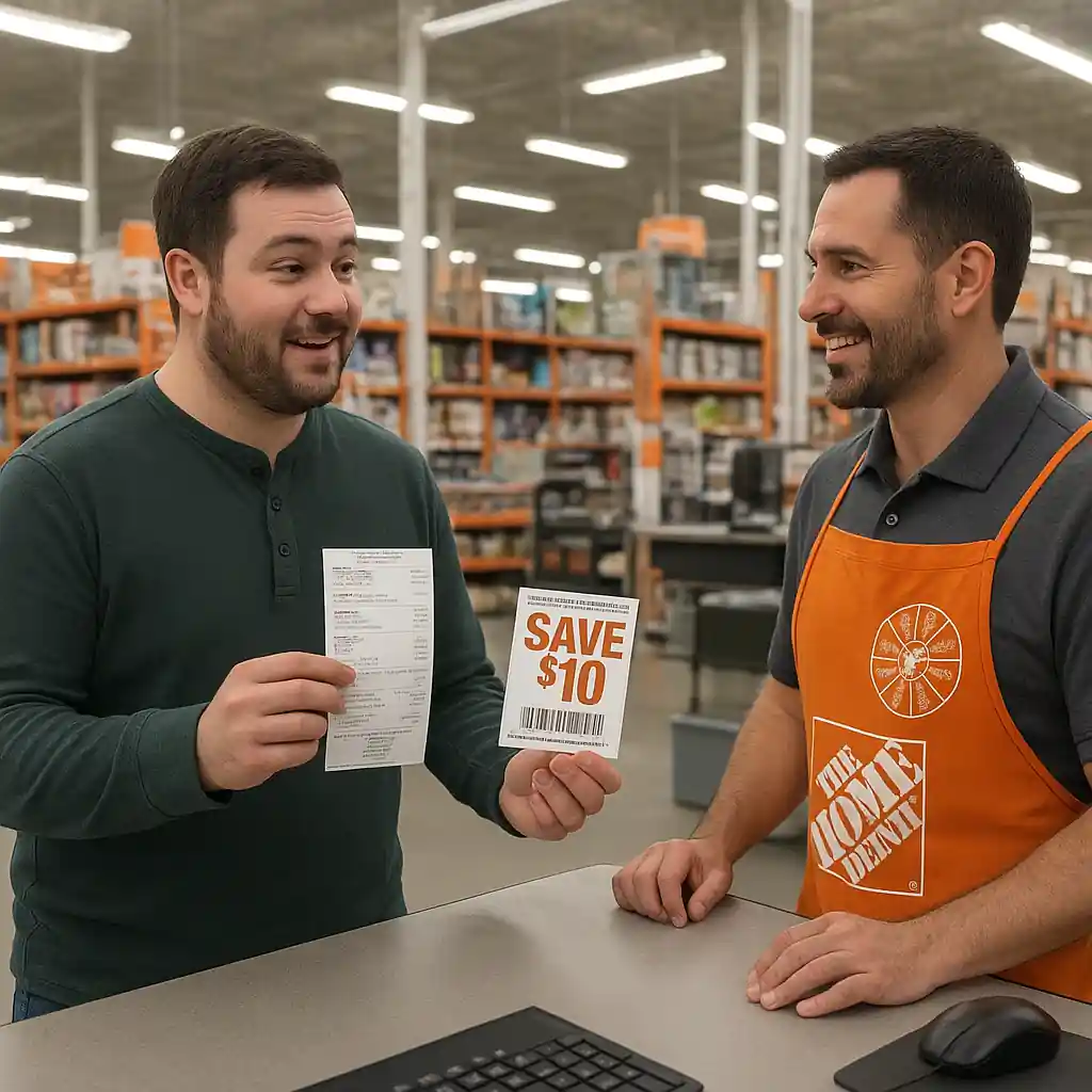 Customer at a store counter showing a receipt and coupon to an associate