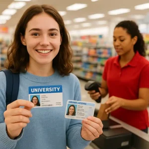 Student showing a university ID and driver's license to a Home Depot cashier at the register