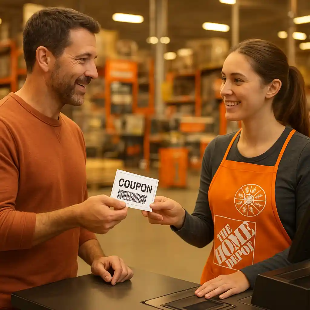 Customer handing a printed coupon with barcode to a cashier at a Home Depot register