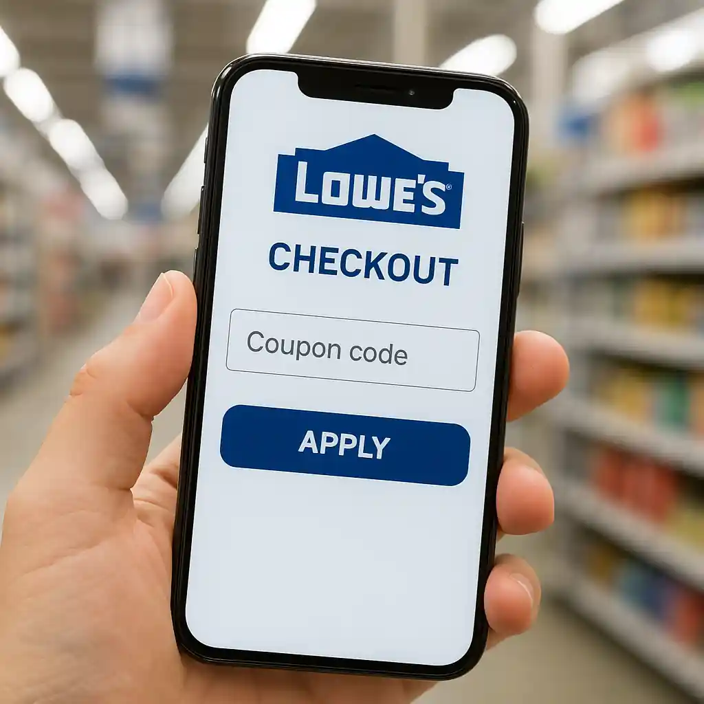 Shopper applying a 10 off lowes coupon on a smartphone at checkout