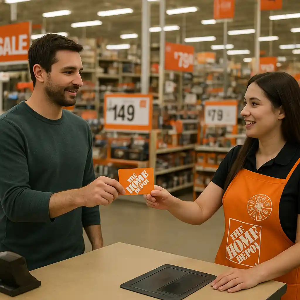 Customer handing a Home Depot gift card to a cashier at the register during a sale