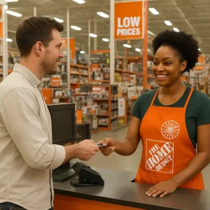 Customer completing a Home Depot credit application at the in-store checkout counter
