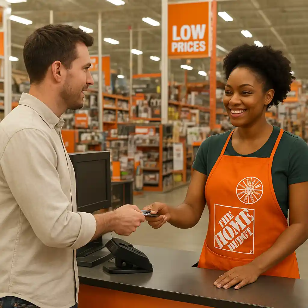 Customer completing a Home Depot credit application at the in-store checkout counter