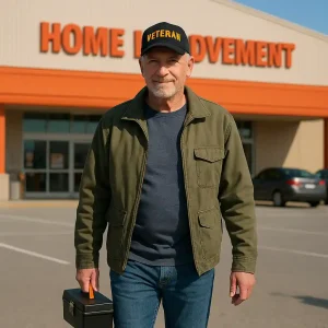 A veteran walking into a Home Depot store carrying a toolbox and shopping list