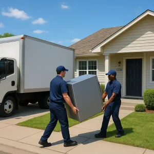 Delivery workers carrying a boxed refrigerator from a truck to a house during appliance delivery