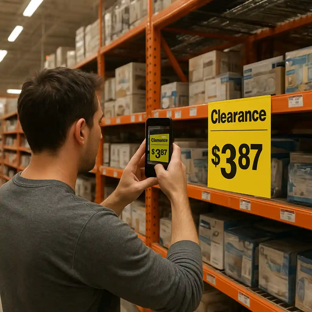 Shopper taking a photo of a Home Depot clearance shelf tag in an aisle