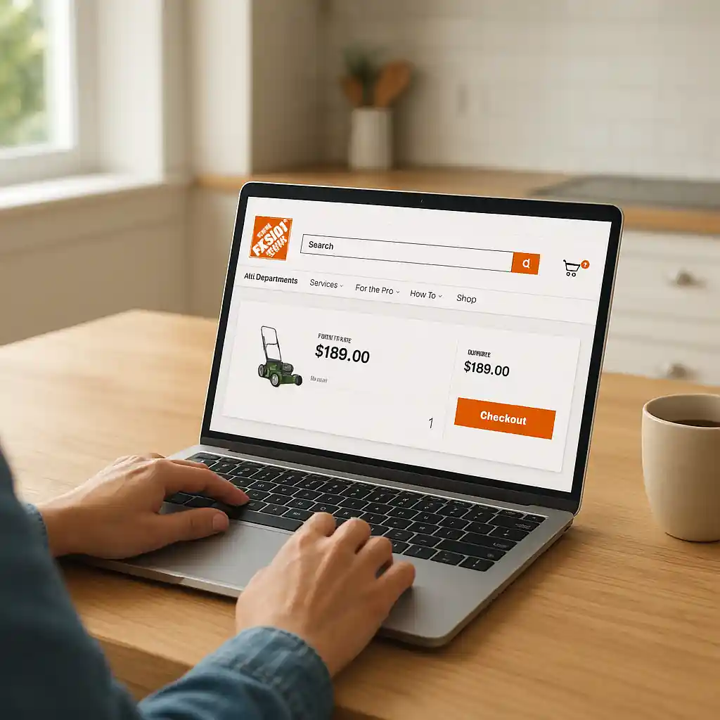 Person at kitchen table entering checkout details on a laptop showing a Home Depot cart