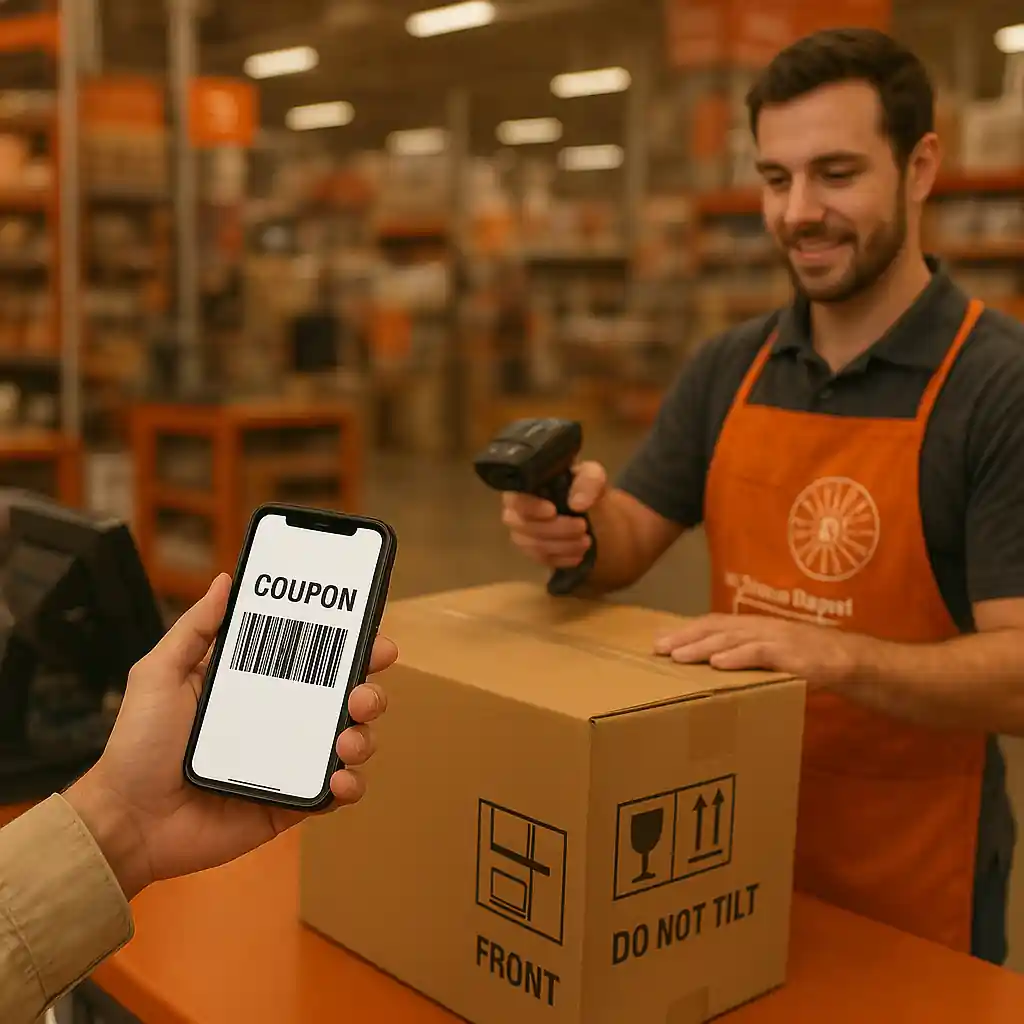 Shopper showing a coupon barcode on phone to cashier while an appliance is scanned at a Home Depot register