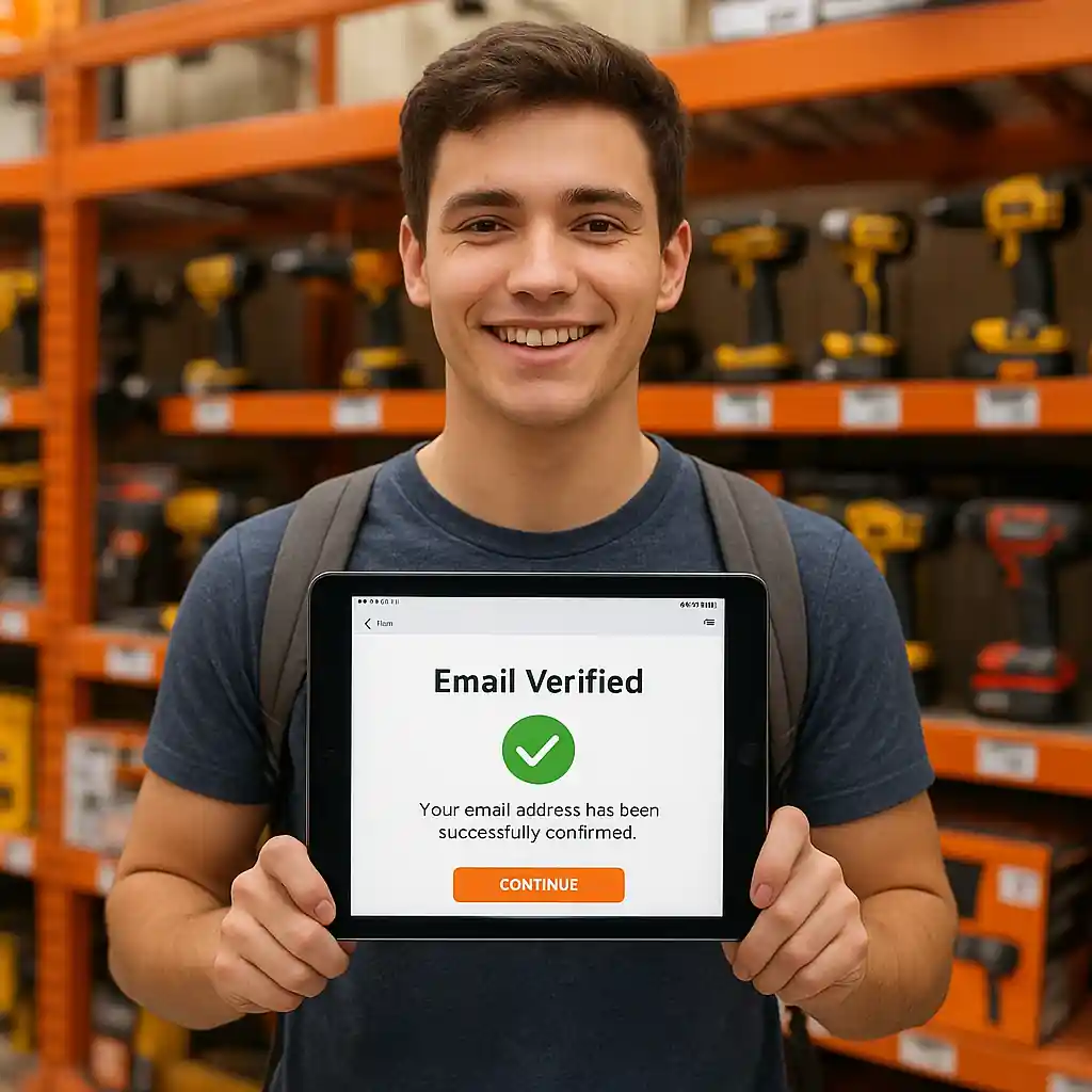 Student showing verification confirmation on a tablet in a Home Depot tool aisle