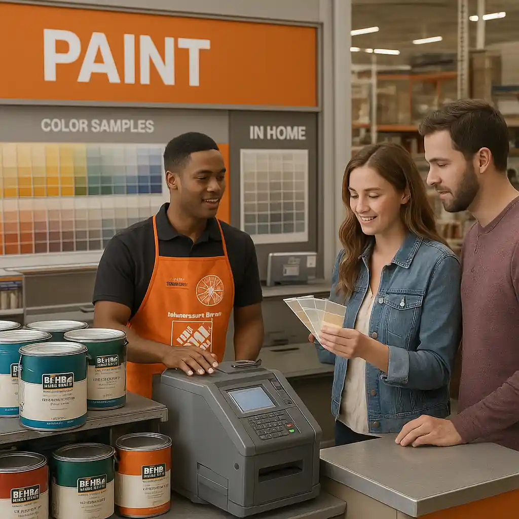 Customer at a paint counter watching a Home Depot employee operate a tinting machine and comparing color swatches