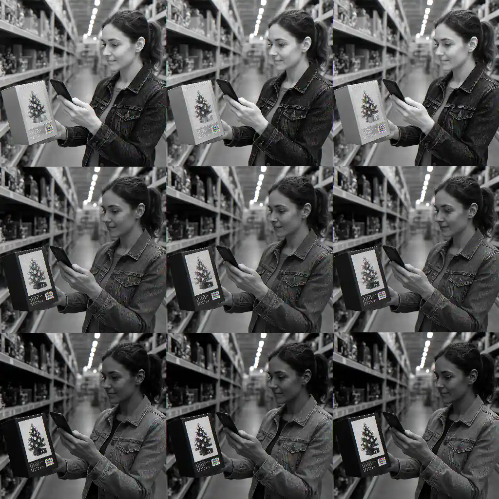 Shopper scanning a barcode on a boxed holiday decoration in a store aisle