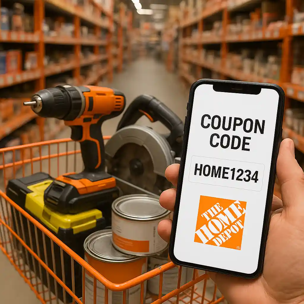 Smartphone displaying a coupon while power tools and paint cans sit in a Home Depot shopping cart