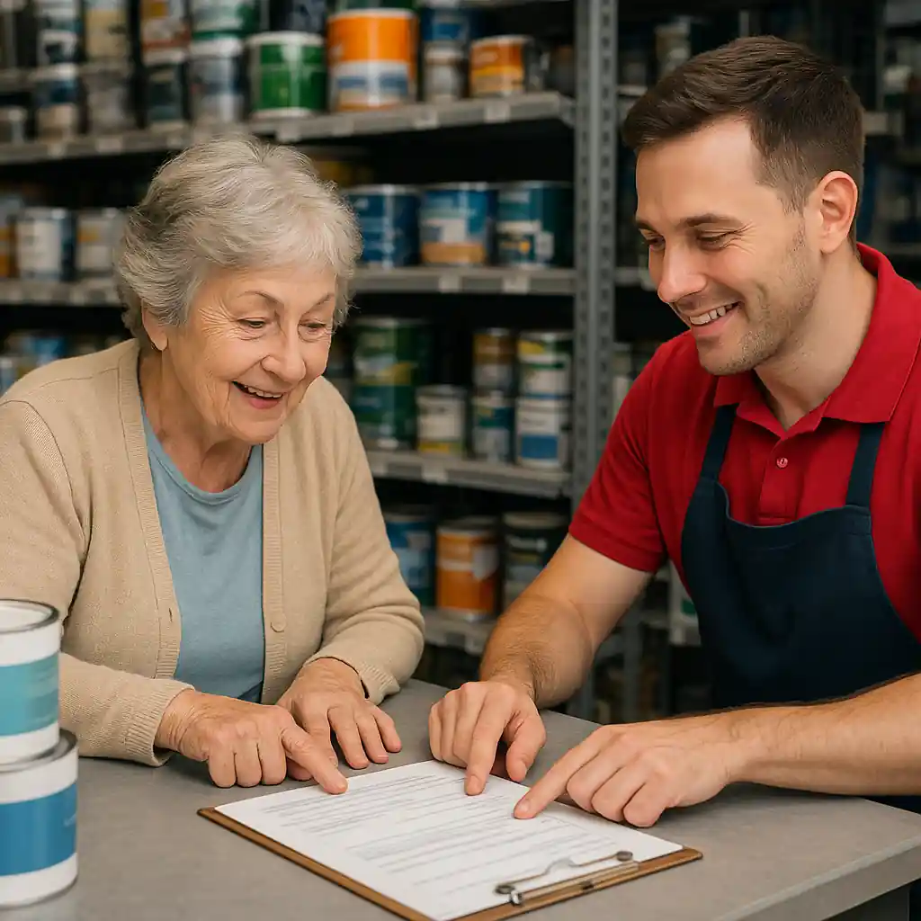 Senior checking Lowe's discount for seniors eligibility at customer service desk
