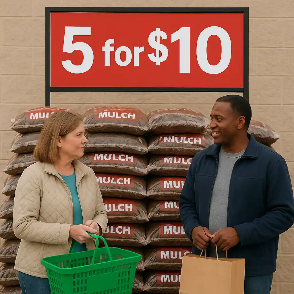Shoppers evaluating stacked mulch bags under a 5-for-10 sale sign