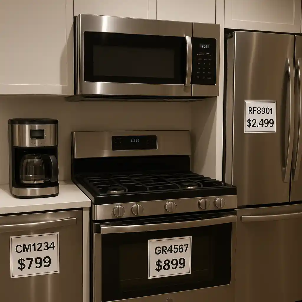 Appliances on display in a showroom with visible price tags and model numbers
