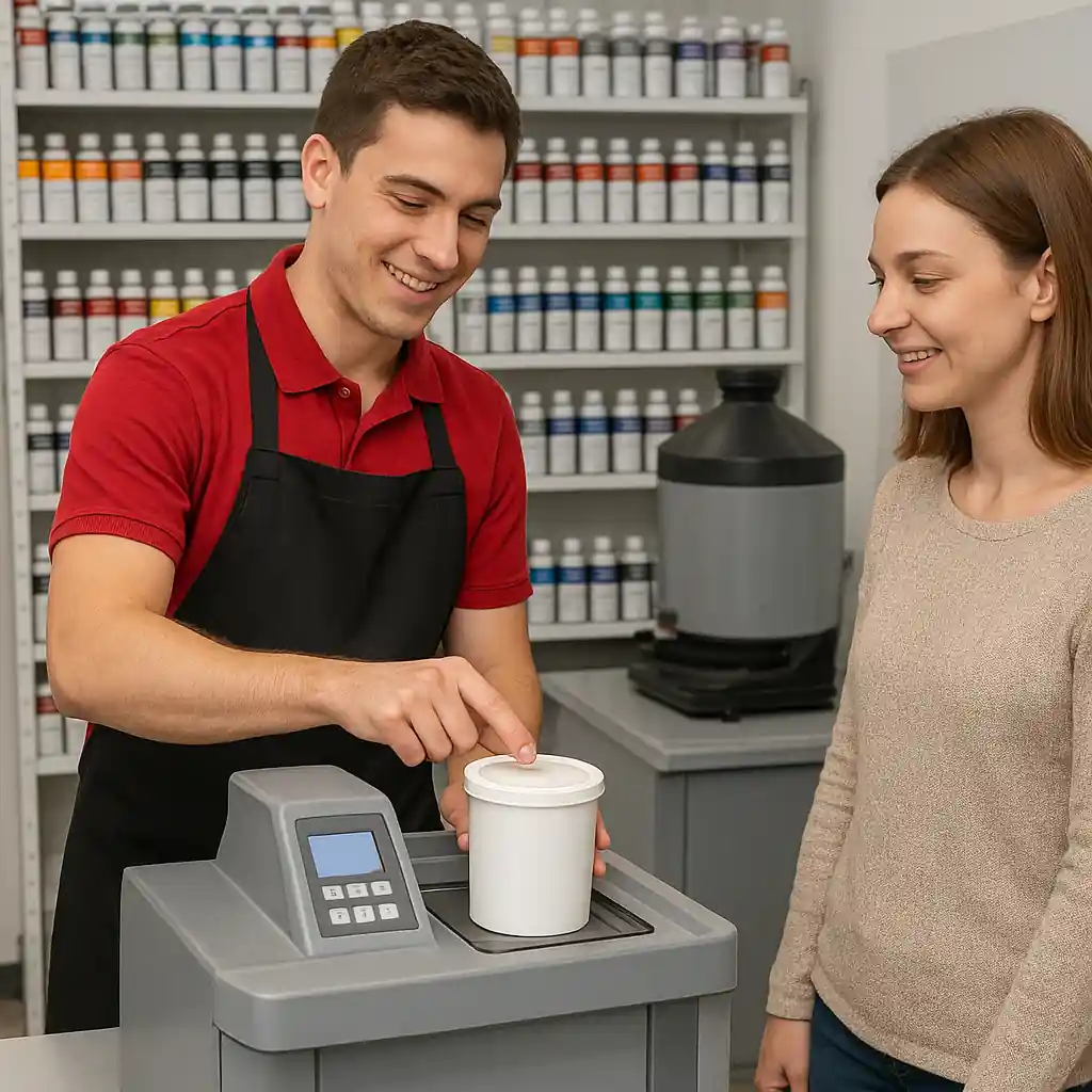 Paint counter associate preparing a custom-tinted gallon at the mixing machine