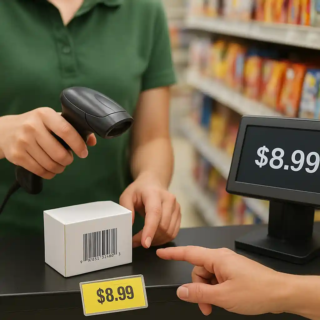 Cashier scanning an item at register while customer points to a contradictory shelf tag