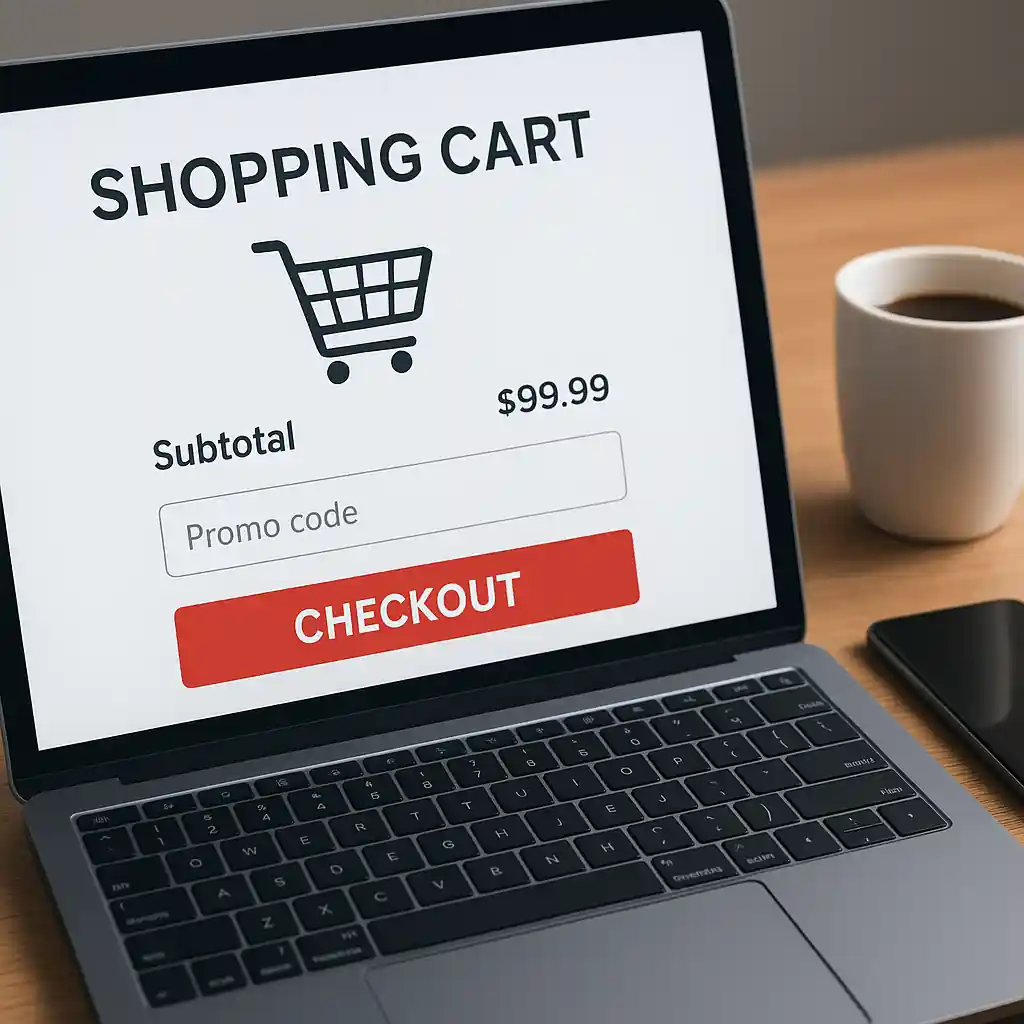 Online checkout screen with promo code field and shopping cart items