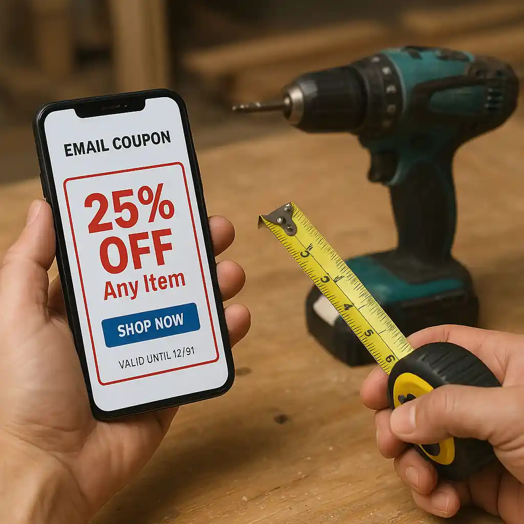 Email coupon on smartphone beside tools ready for a project