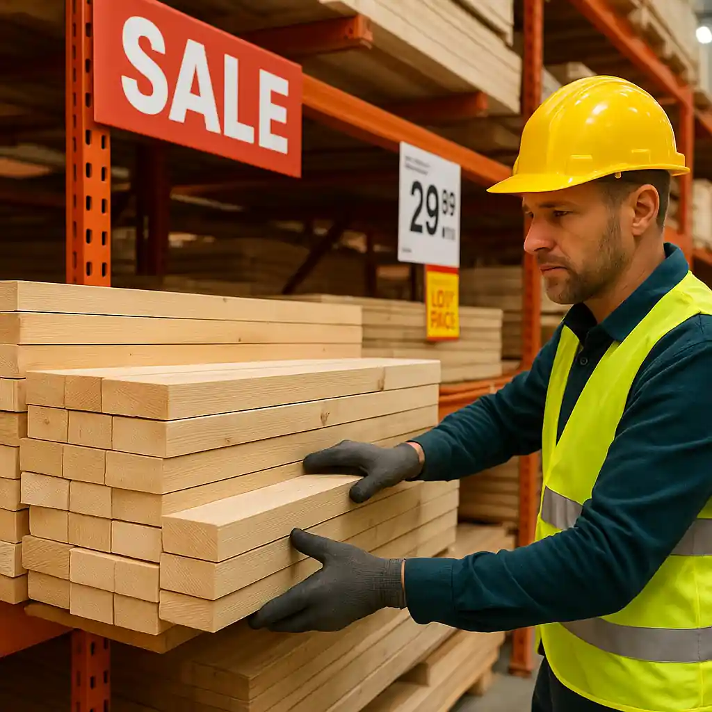 Warehouse aisle with lumber and promotional pricing signs