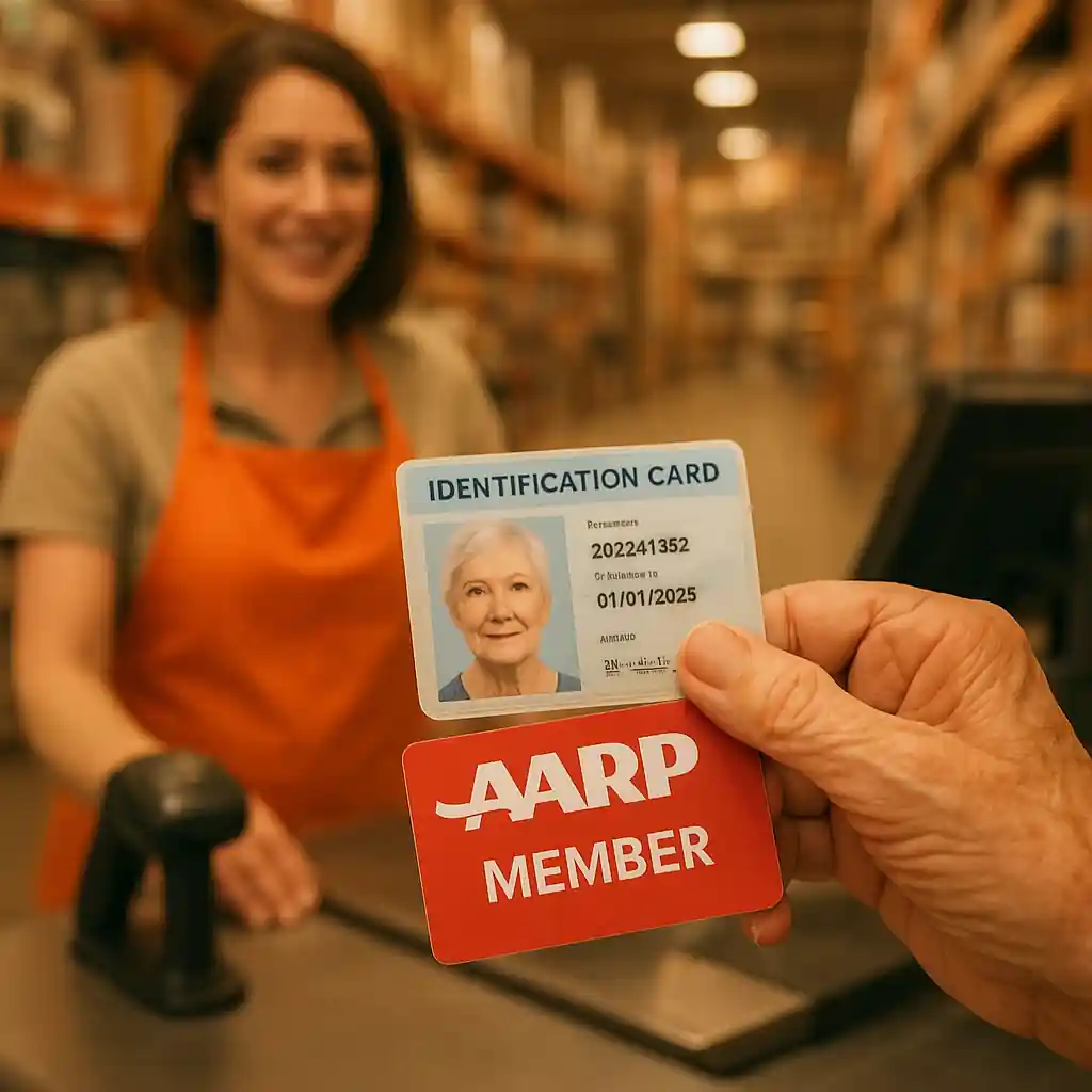 Senior presenting ID and membership card at Lowe's checkout to verify eligibility for a discount