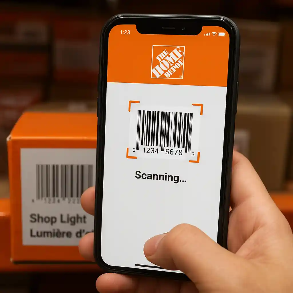 Home Depot app screenshot capturing a product barcode and price