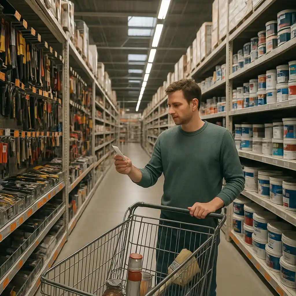 Shopper comparing prices in a hardware aisle