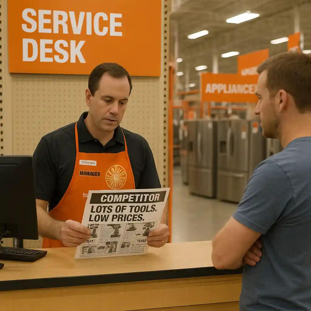 Store manager reviewing a printed competitor ad for an appliance price match at a Home Depot service desk