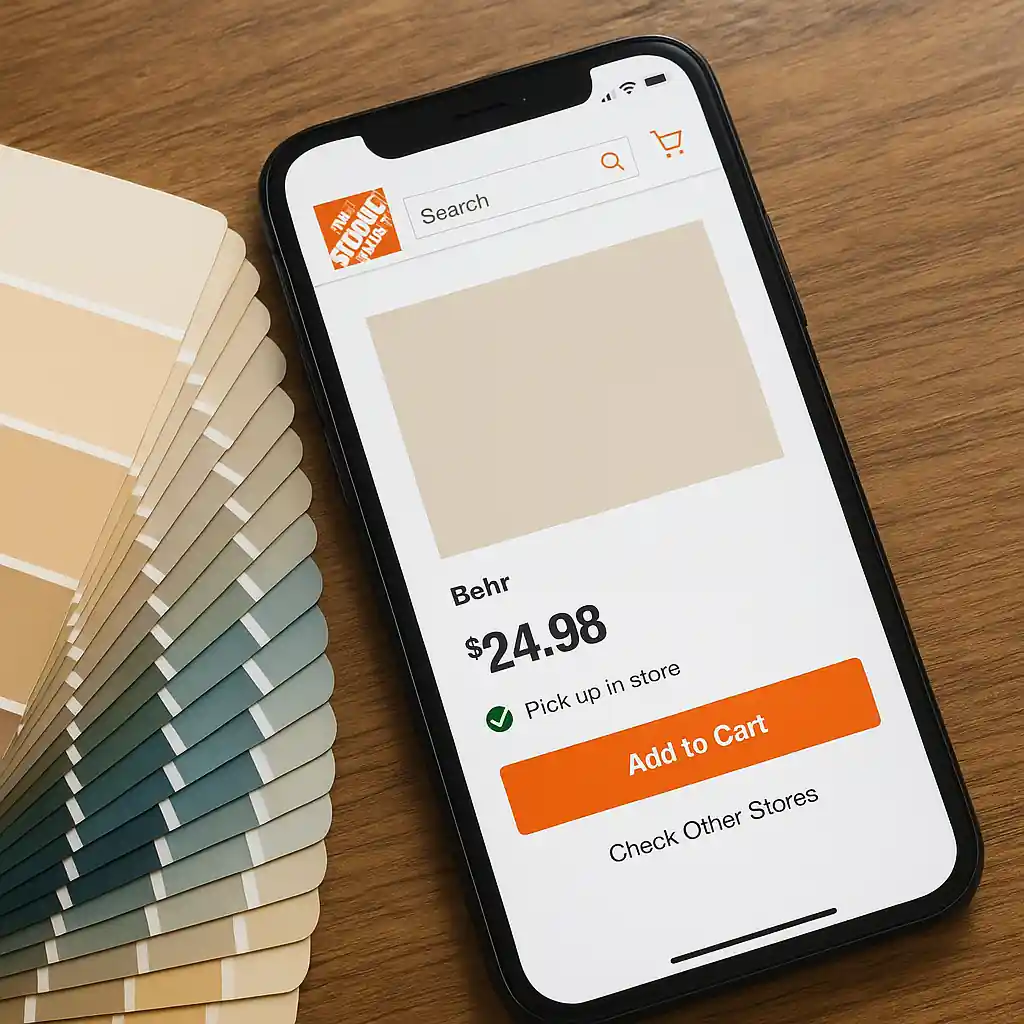 Smartphone displaying Home Depot product availability beside a paint swatch fan